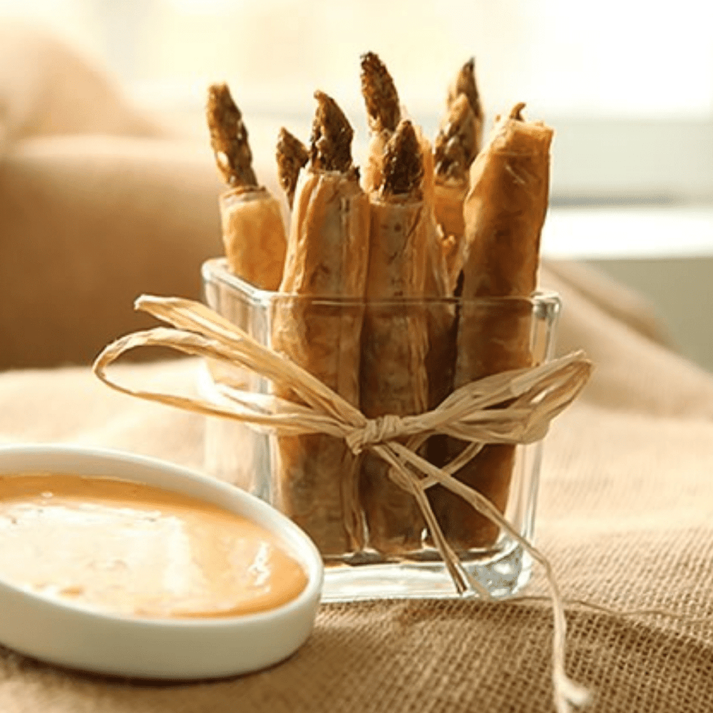 Asparagus Cigars with Fire Cracker Dipping Sauce