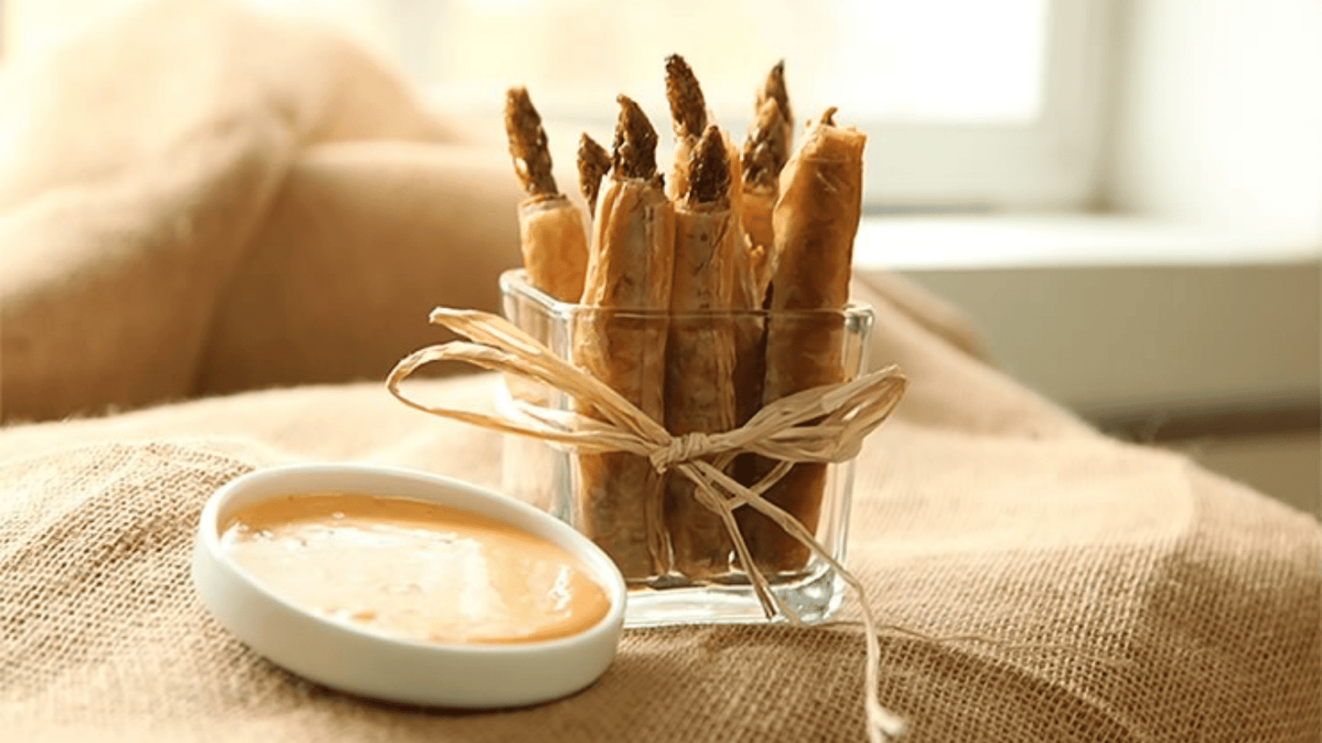 Asparagus Cigars with Fire Cracker Dipping Sauce